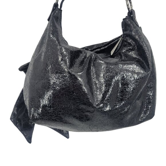 Simply Vera Liquid Black Bow Shoulder Bag Vegan Faux Leather Artsy Biker Goth - Picture 4 of 14
